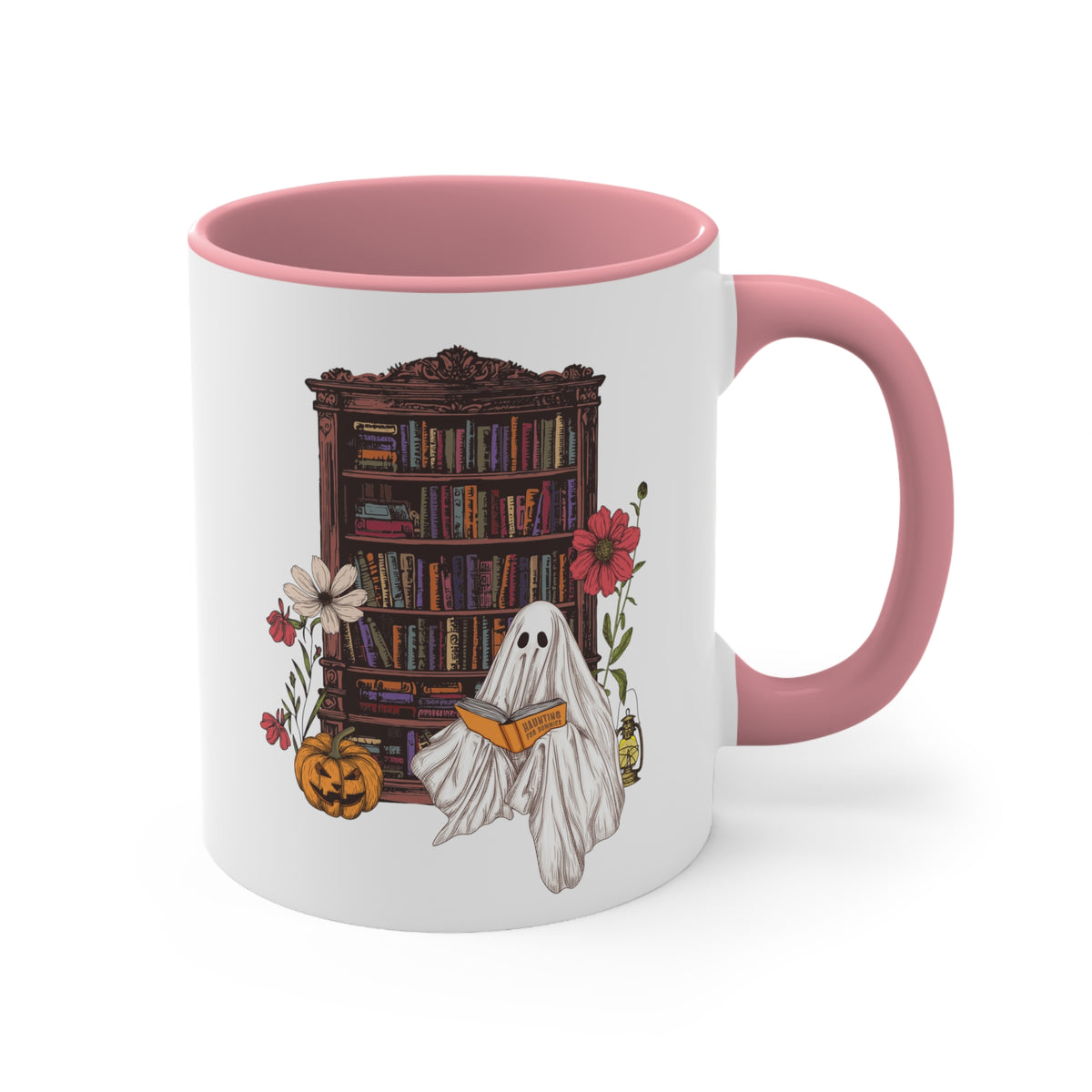 Haunting For Dummies: Ghost Reading A Book In A Haunted Library Vintage Illustration Two-Tone Mug, 11oz