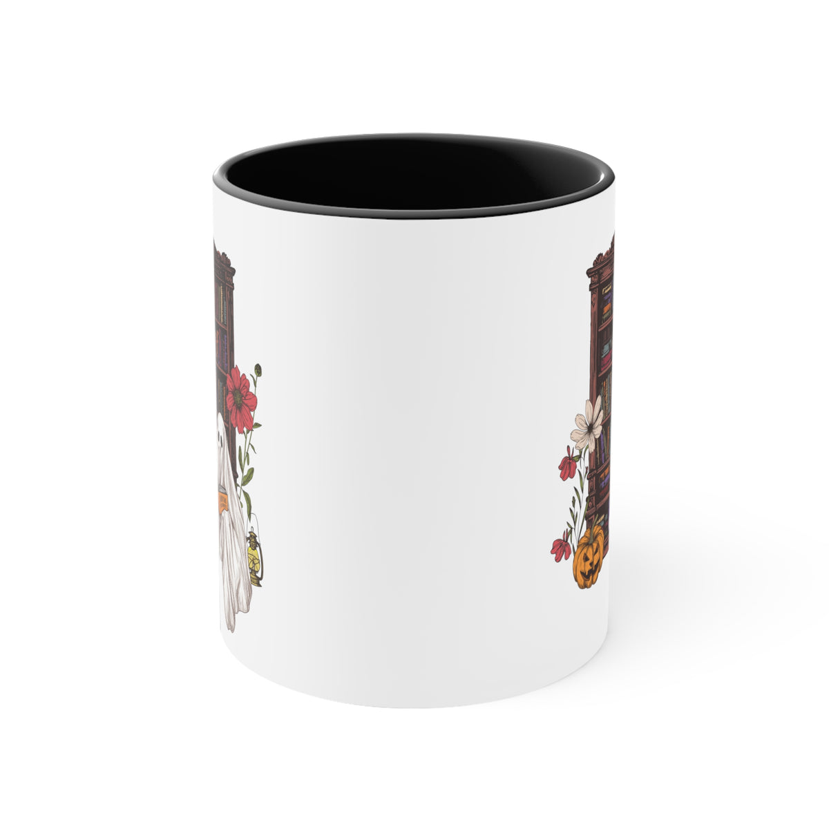 Haunting For Dummies: Ghost Reading A Book In A Haunted Library Vintage Illustration Two-Tone Mug, 11oz