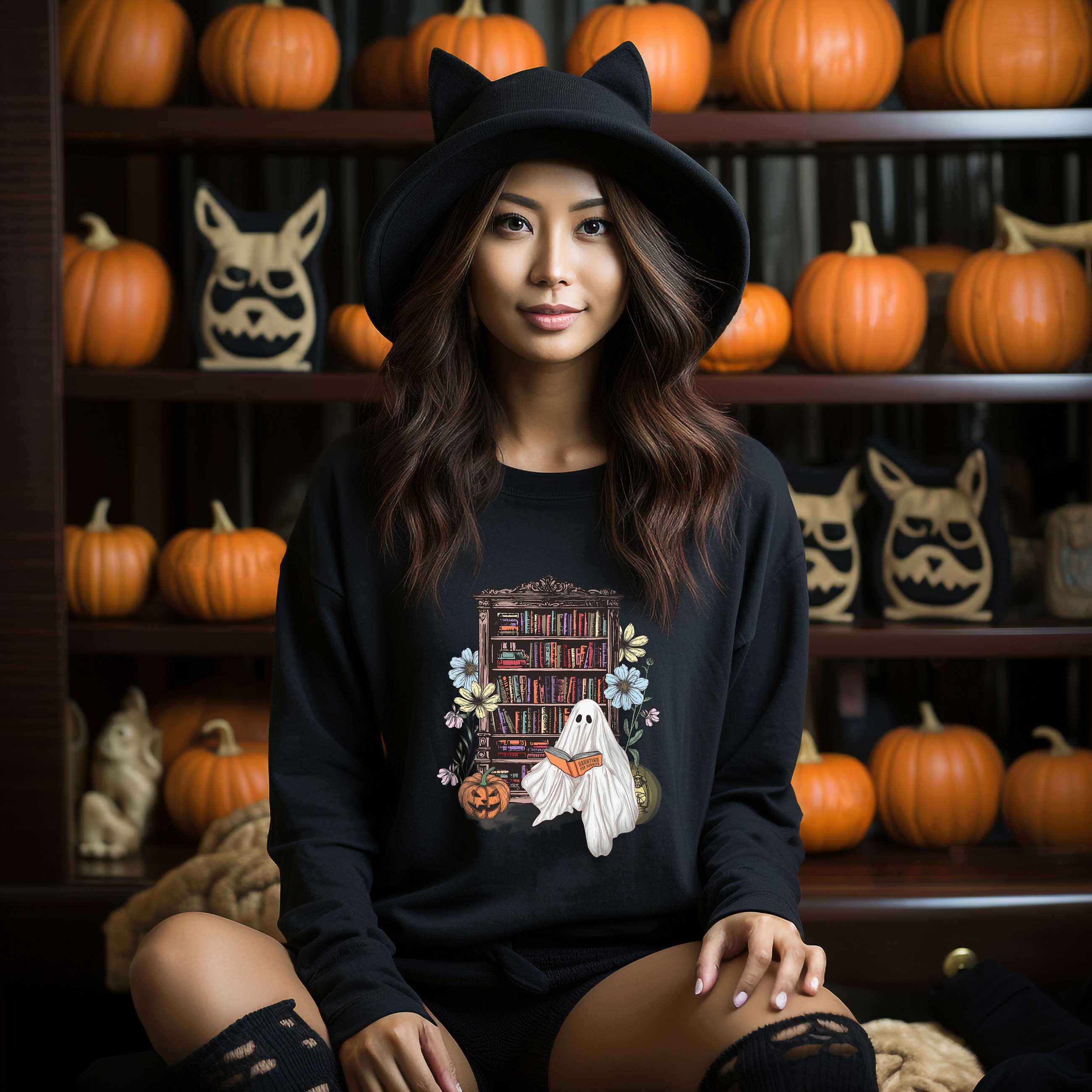 Haunting For Dummies: Ghost Reading A Book In A Haunted Library Vintage Illustrated Sweatshirt