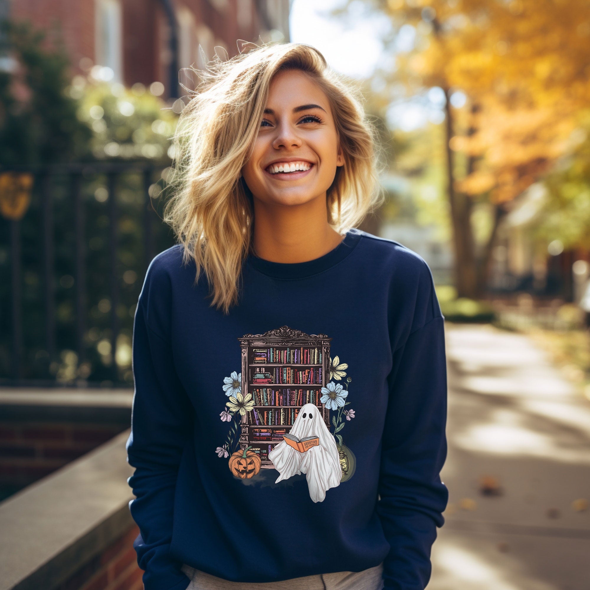 Haunting For Dummies: Ghost Reading A Book In A Haunted Library Vintage Illustrated Sweatshirt